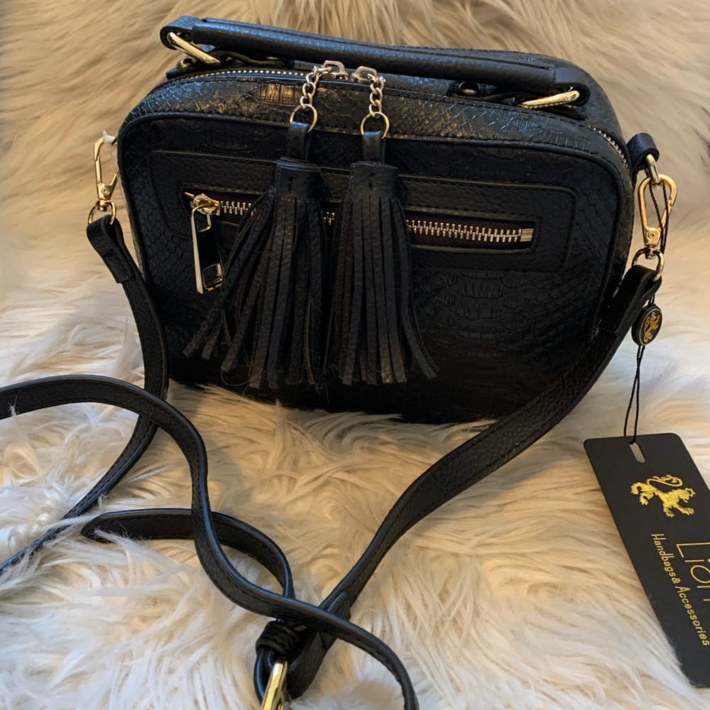 NWT Black Faux Leather Bag With Tassels